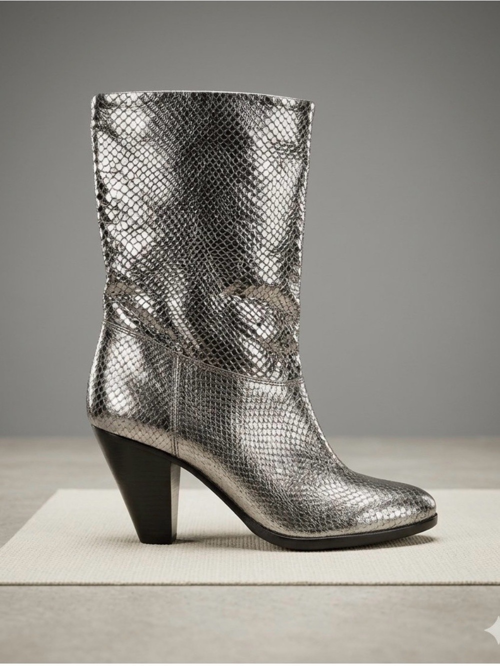 Michael Kors Silver Metallic Snakeskin Divia Mid-Calf Boots - Size 7.5